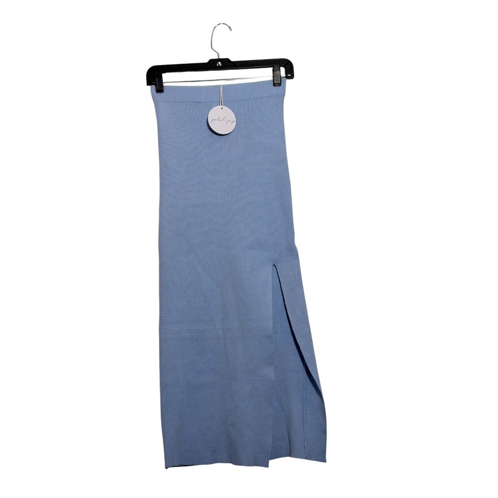 Petal + Pup Chic Ribbed Knit Light Blue Bodycon Midi Skirt Side Slit SZ S/M NEW